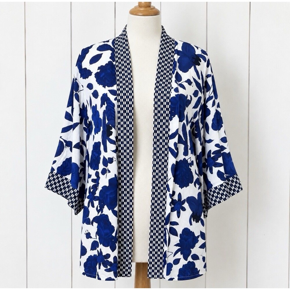 Cabi Rose Print Kimono Duster XS/S Blue White Geometric Trim Boho Open Front
